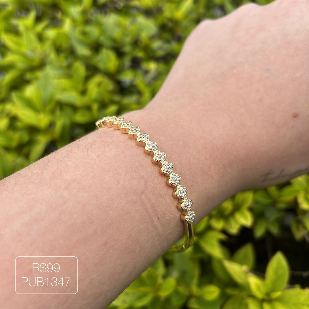 Bracelete 14 Trevos Cravejados Cristal Dourado